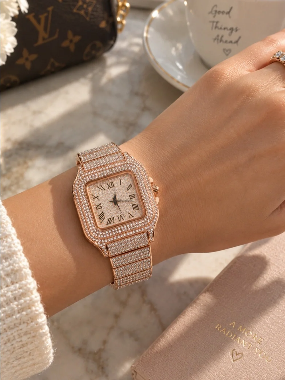 Rose Gold Iced Out Watch Simulated Diamond Bust Down Roman Numeral Hip Hop Bling